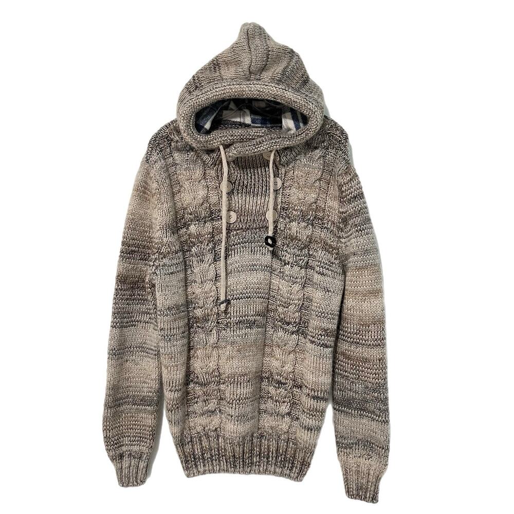 Leif Nelson Sweater Men 2XL Gray Hooded Fishermen Cable Knit Wool Blend Chunky